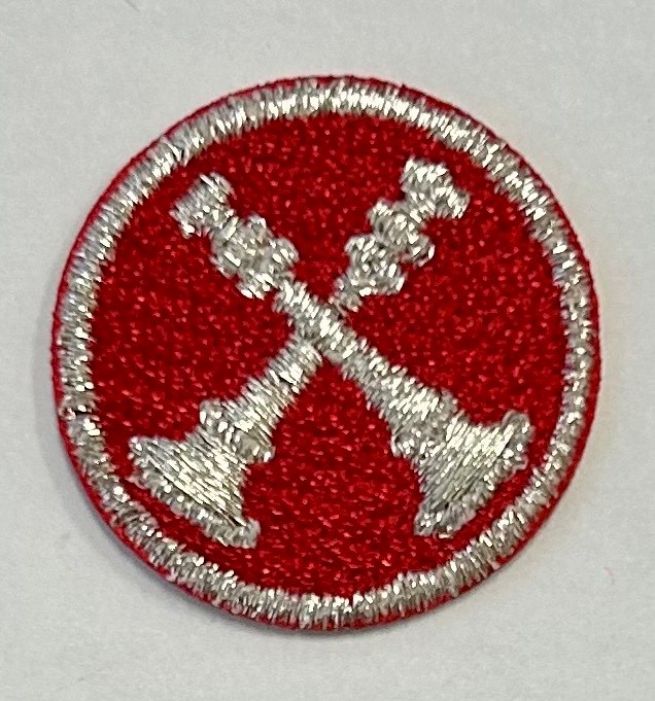 FIRE FIGHTER 2 BUGLES CROSSED, 1" CIRCLE - METALLIC SILVER ON RED - SEW ON.